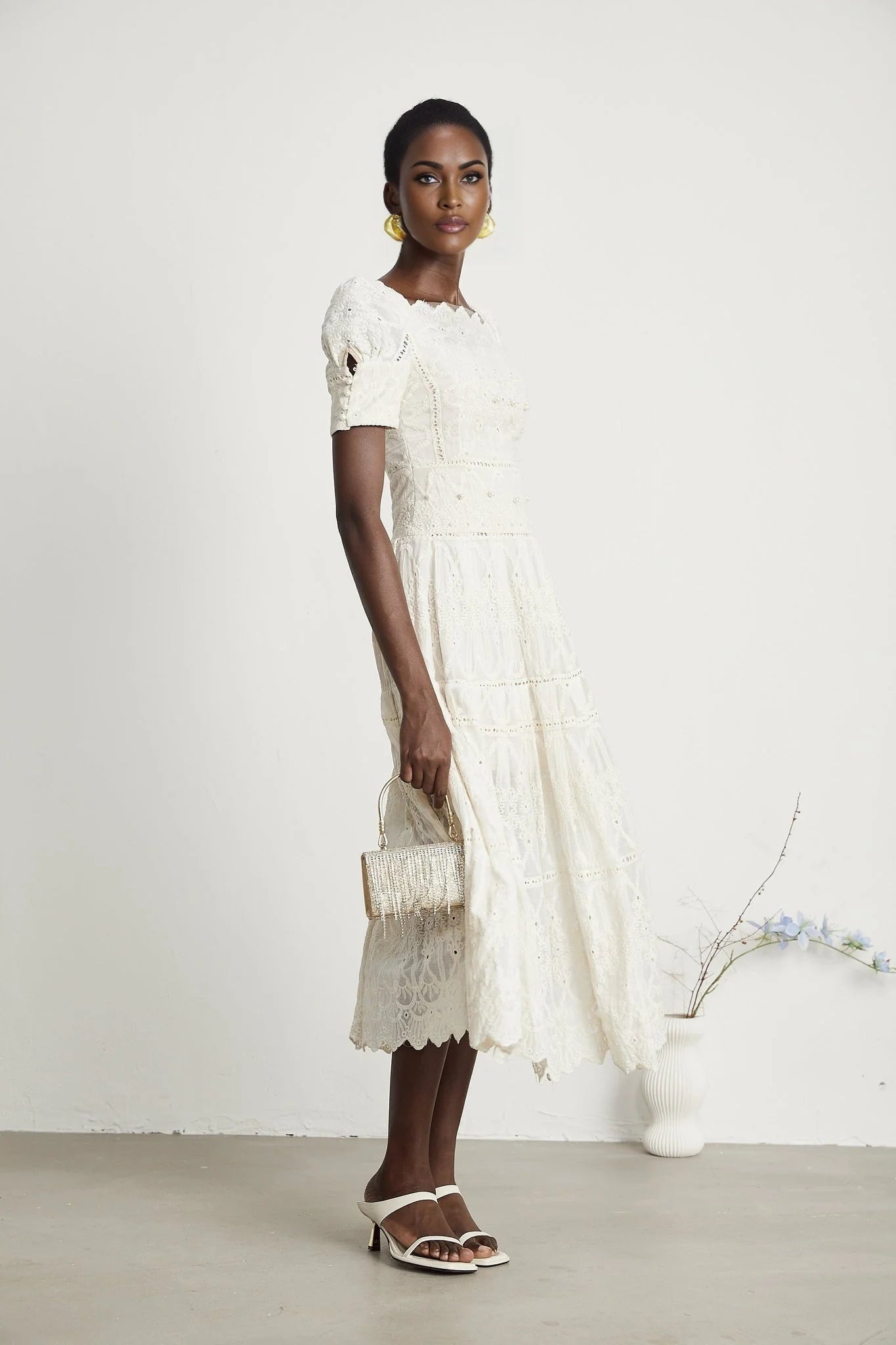 Fiorina Midi Dress - Faux - Pearl Embellishment - Cut - Out Design - Lace Trim - Flounce Hem - A - Line Fit