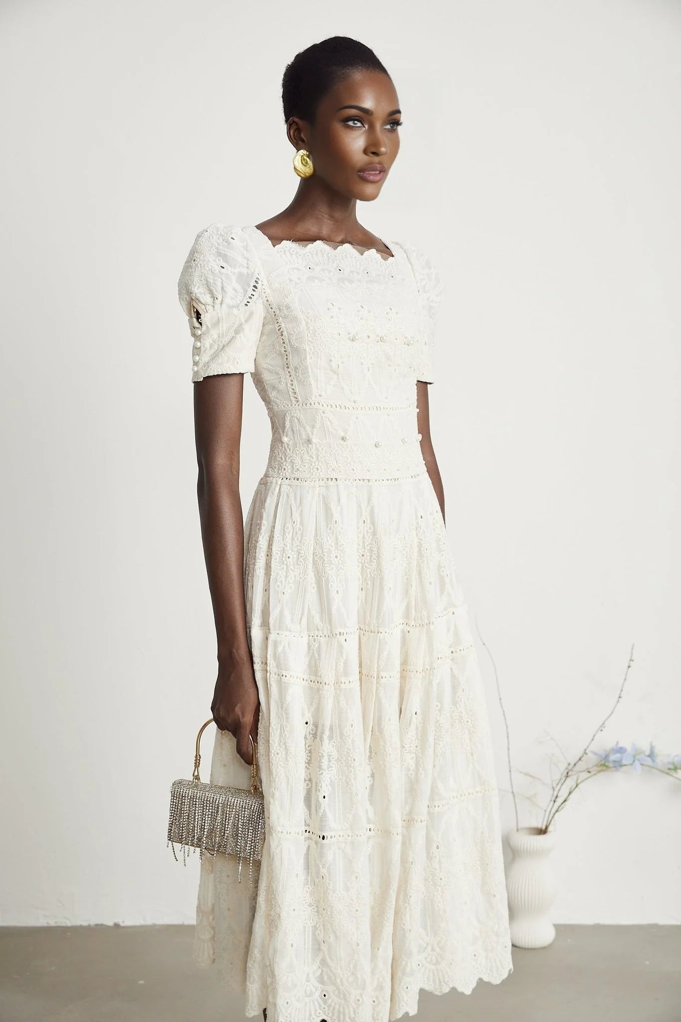 Fiorina Midi Dress - Faux - Pearl Embellishment - Cut - Out Design - Lace Trim - Flounce Hem - A - Line Fit