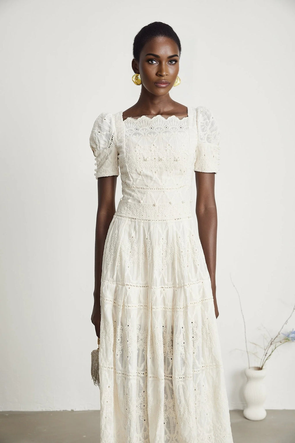 Fiorina Midi Dress - Faux - Pearl Embellishment - Cut - Out Design - Lace Trim - Flounce Hem - A - Line Fit