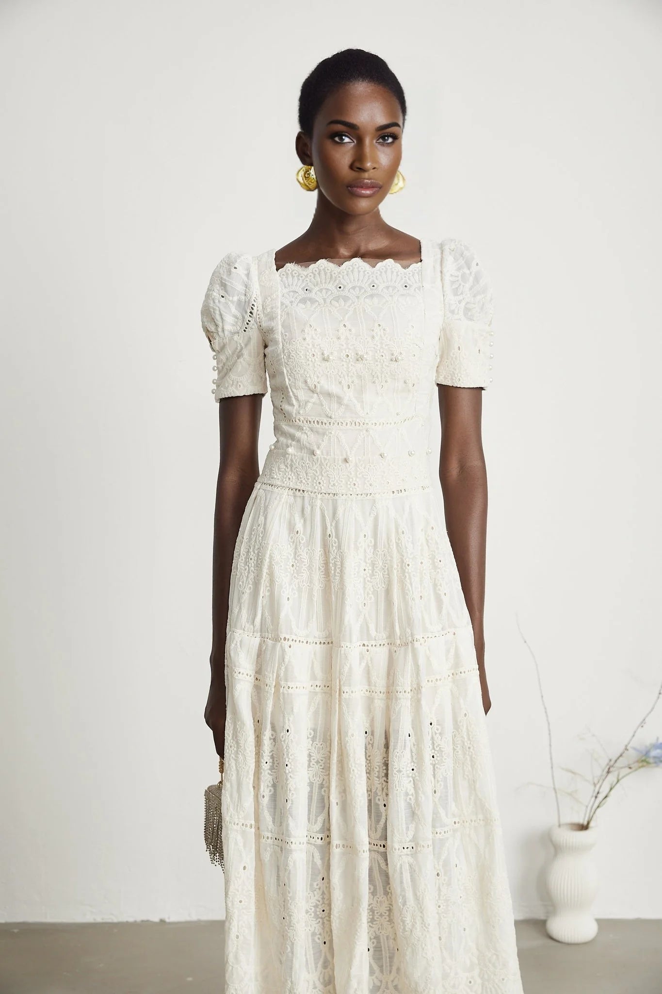 Fiorina Midi Dress - Faux - Pearl Embellishment - Cut - Out Design - Lace Trim - Flounce Hem - A - Line Fit