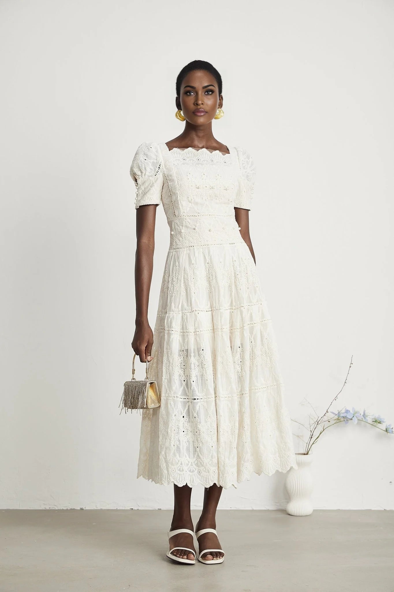 Fiorina Midi Dress - Faux - Pearl Embellishment - Cut - Out Design - Lace Trim - Flounce Hem - A - Line Fit