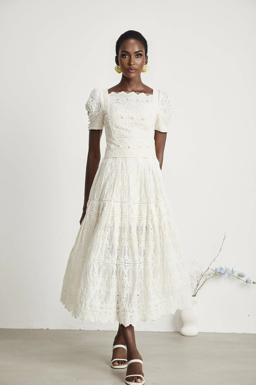 Fiorina Midi Dress - Faux - Pearl Embellishment - Cut - Out Design - Lace Trim - Flounce Hem - A - Line Fit