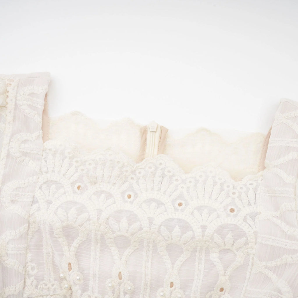 Fiorina Midi Dress - Faux - Pearl Embellishment - Cut - Out Design - Lace Trim - Flounce Hem - A - Line Fit