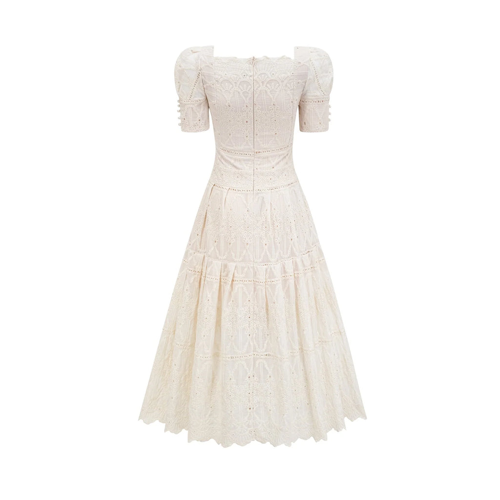 Fiorina Midi Dress - Faux - Pearl Embellishment - Cut - Out Design - Lace Trim - Flounce Hem - A - Line Fit