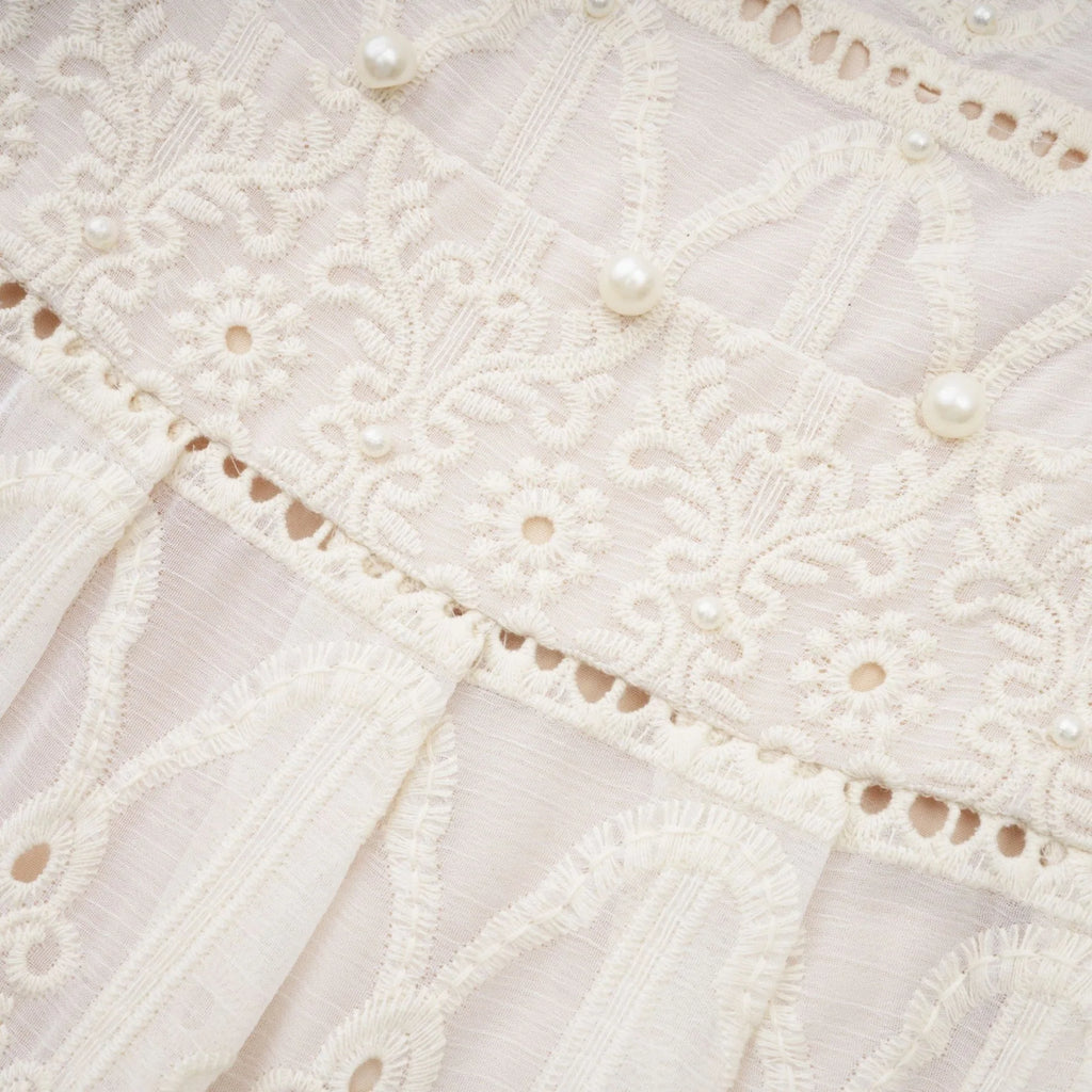 Fiorina Midi Dress - Faux - Pearl Embellishment - Cut - Out Design - Lace Trim - Flounce Hem - A - Line Fit