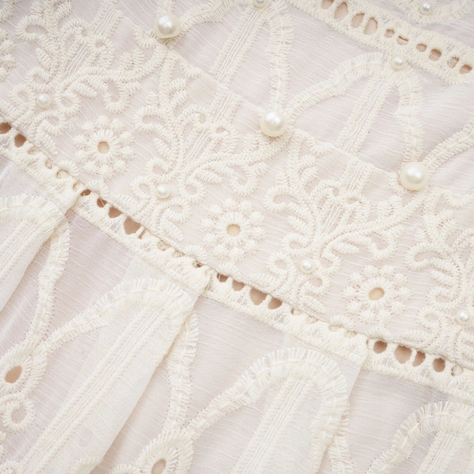 Fiorina Midi Dress - Faux - Pearl Embellishment - Cut - Out Design - Lace Trim - Flounce Hem - A - Line Fit