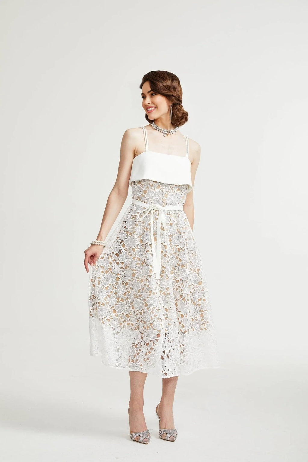 Fiorina Midi Dress - Sleeveless - Spaghetti Straps - Pierced Design - Tie Fastening