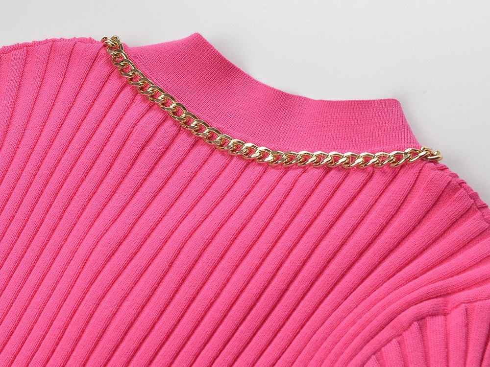 Fitted Ribbed Top – Gold Button Accents – Pocket Detail – Chain Trim – Tailored Silhouette – Stretch Fabric