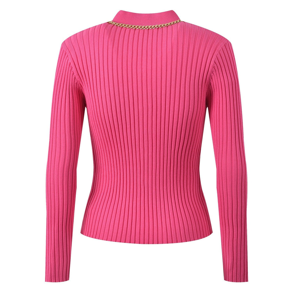 Fitted Ribbed Top – Gold Button Accents – Pocket Detail – Chain Trim – Tailored Silhouette – Stretch Fabric
