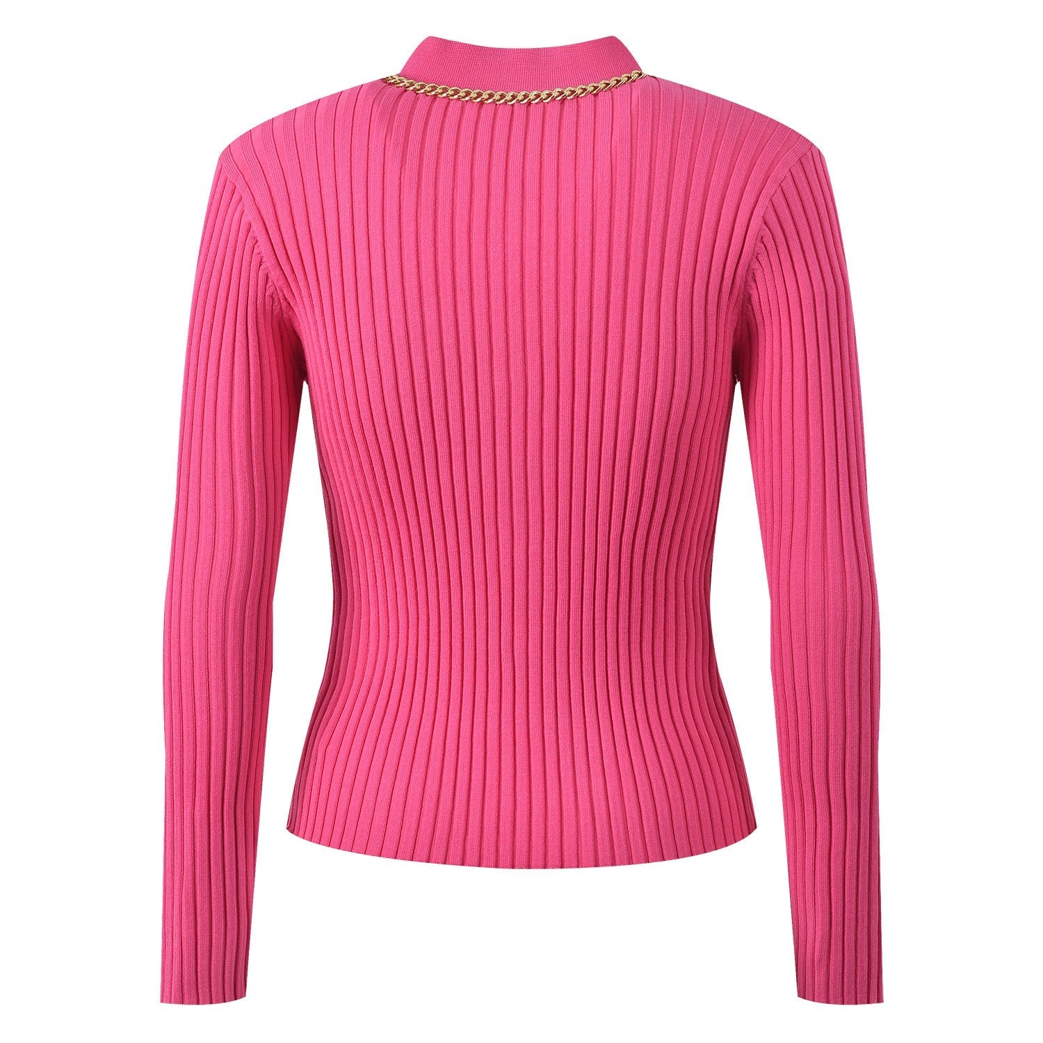Fitted Ribbed Top – Gold Button Accents – Pocket Detail – Chain Trim – Tailored Silhouette – Stretch Fabric