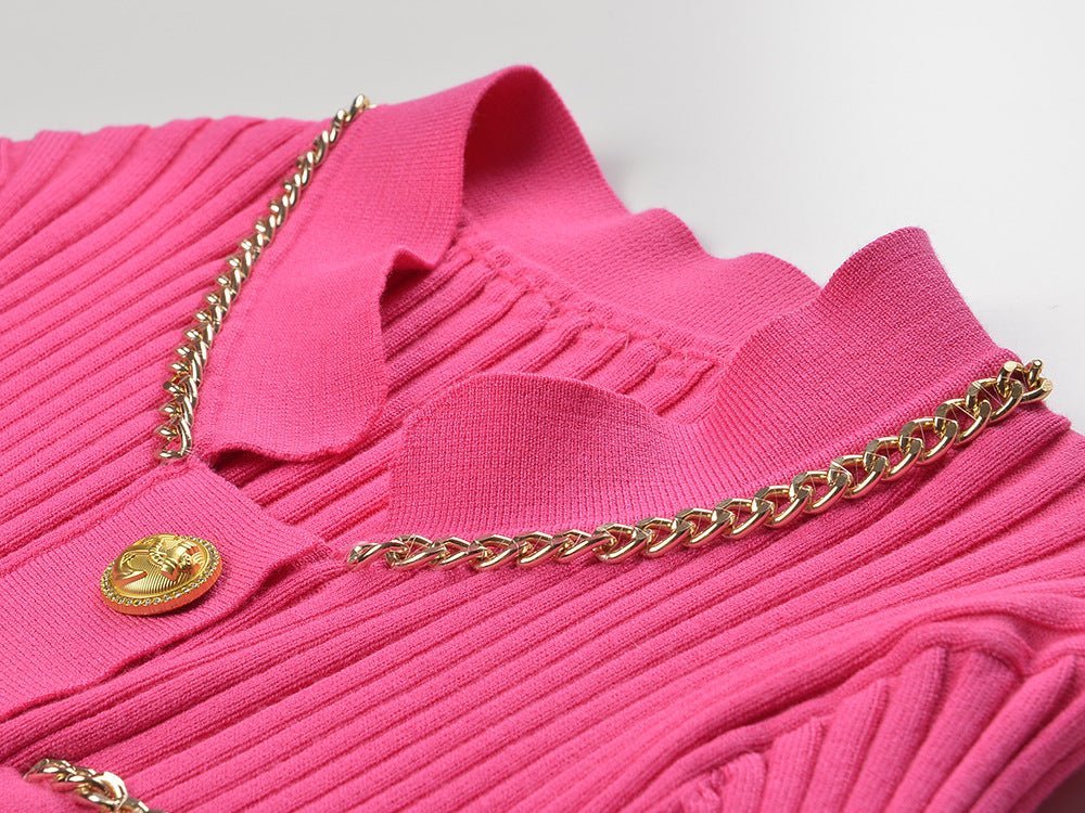 Fitted Ribbed Top – Gold Button Accents – Pocket Detail – Chain Trim – Tailored Silhouette – Stretch Fabric