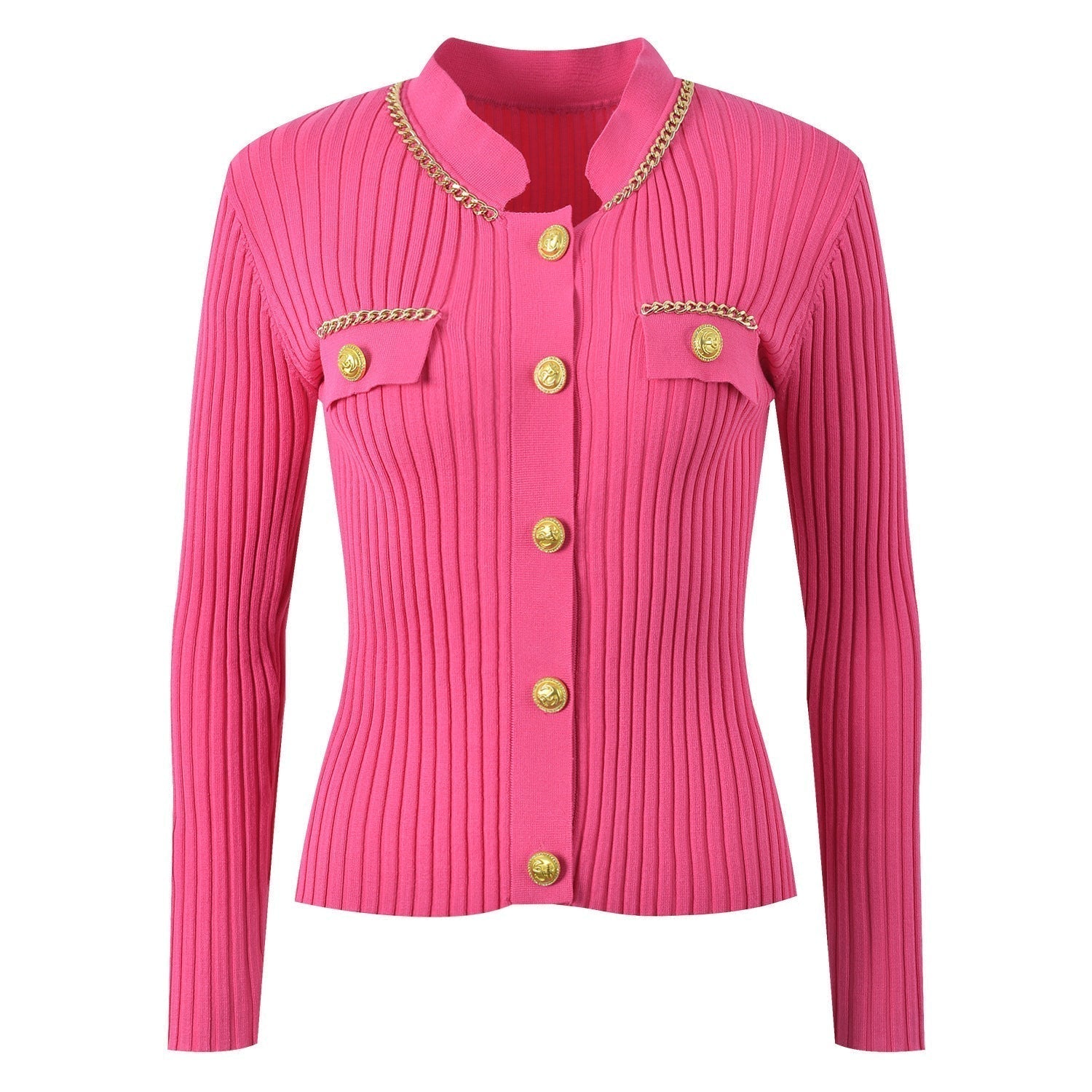 Fitted Ribbed Top – Gold Button Accents – Pocket Detail – Chain Trim – Tailored Silhouette – Stretch Fabric