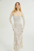 Flaminia Floral Maxi Dress - Delicate Spaghetti Straps - Pleated Detailing - Elegant Mesh Design - Side Zip with Rear Tie Fastening