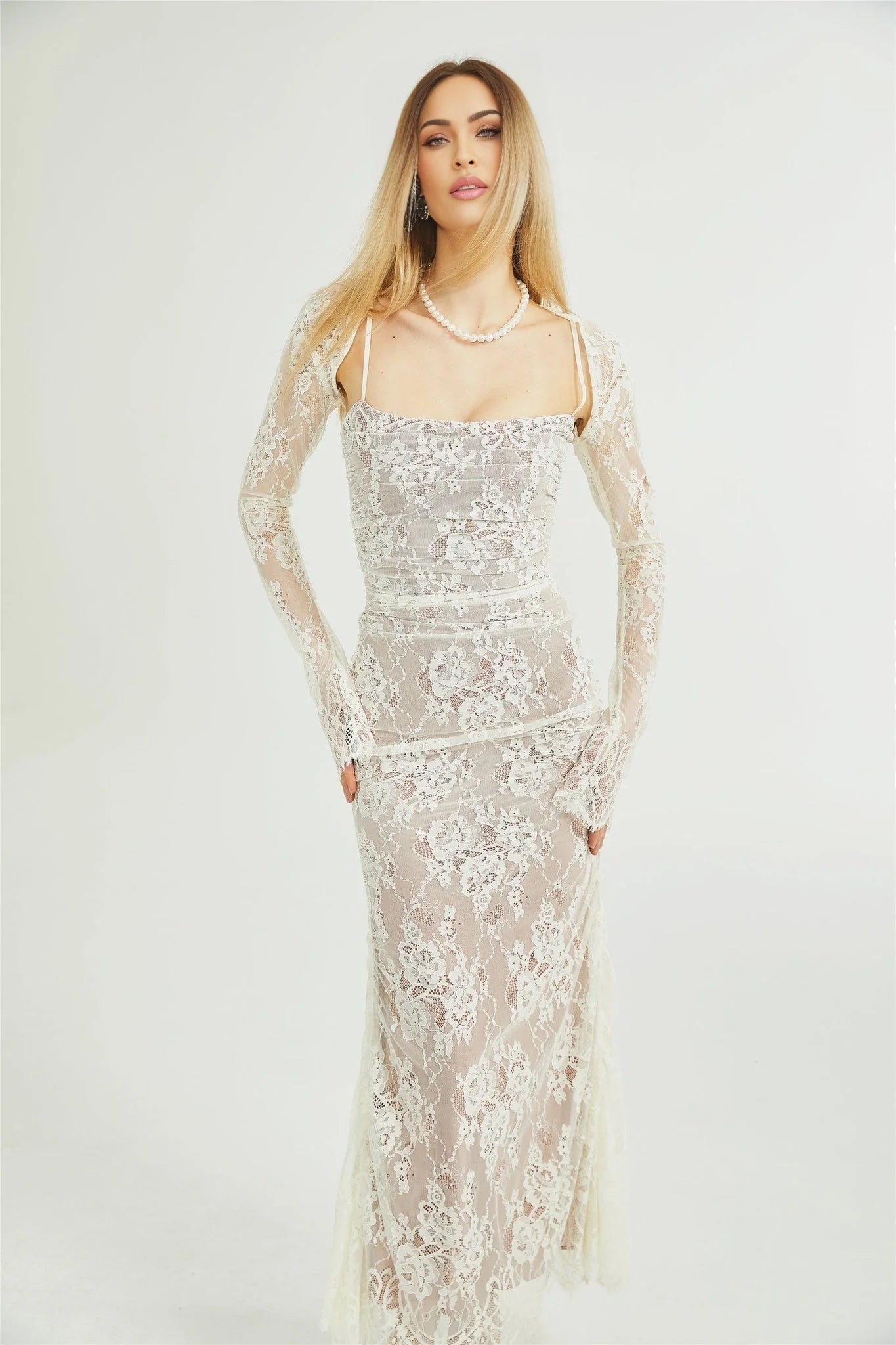 Flaminia Floral Maxi Dress - Delicate Spaghetti Straps - Pleated Detailing - Elegant Mesh Design - Side Zip with Rear Tie Fastening