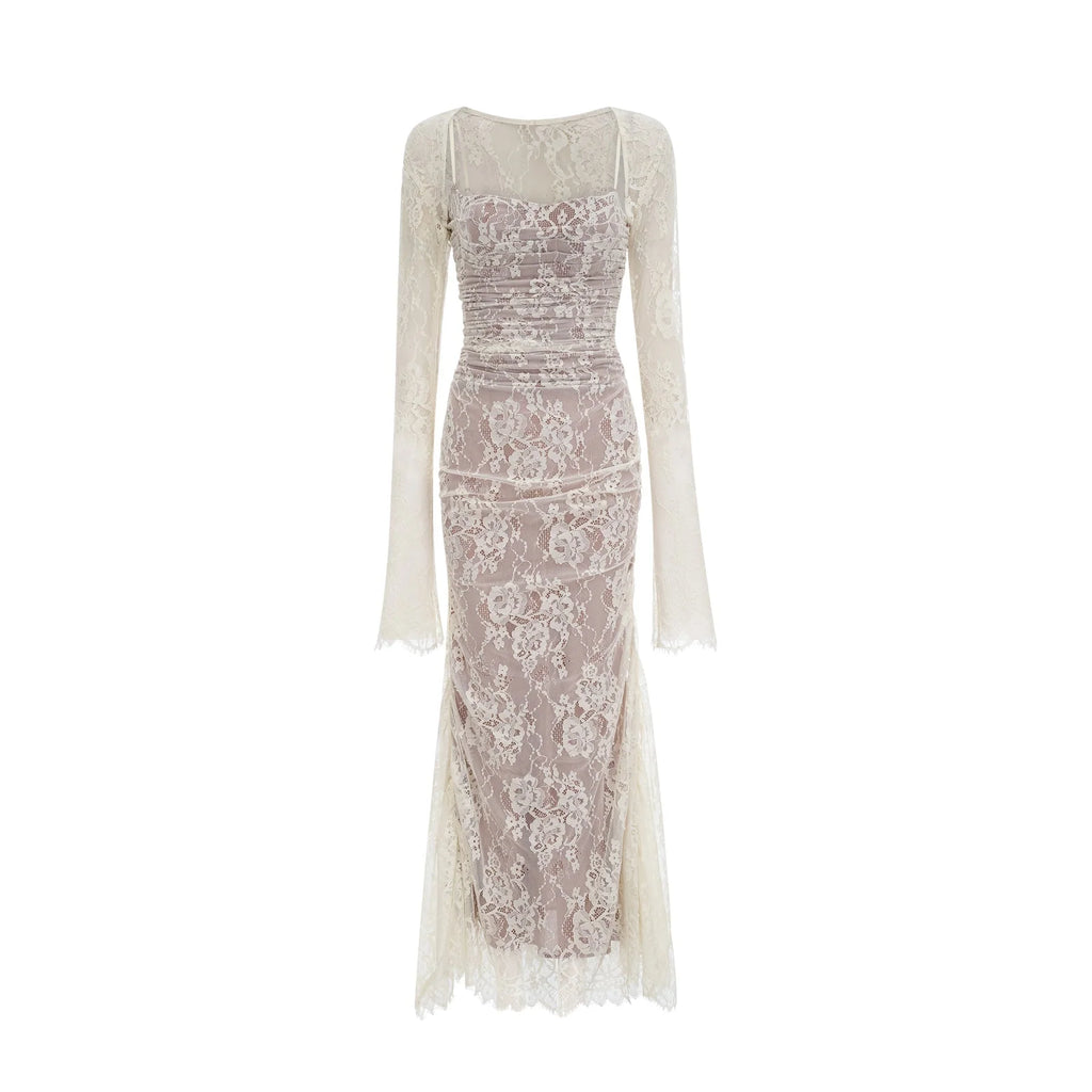 Flaminia Floral Maxi Dress - Delicate Spaghetti Straps - Pleated Detailing - Elegant Mesh Design - Side Zip with Rear Tie Fastening
