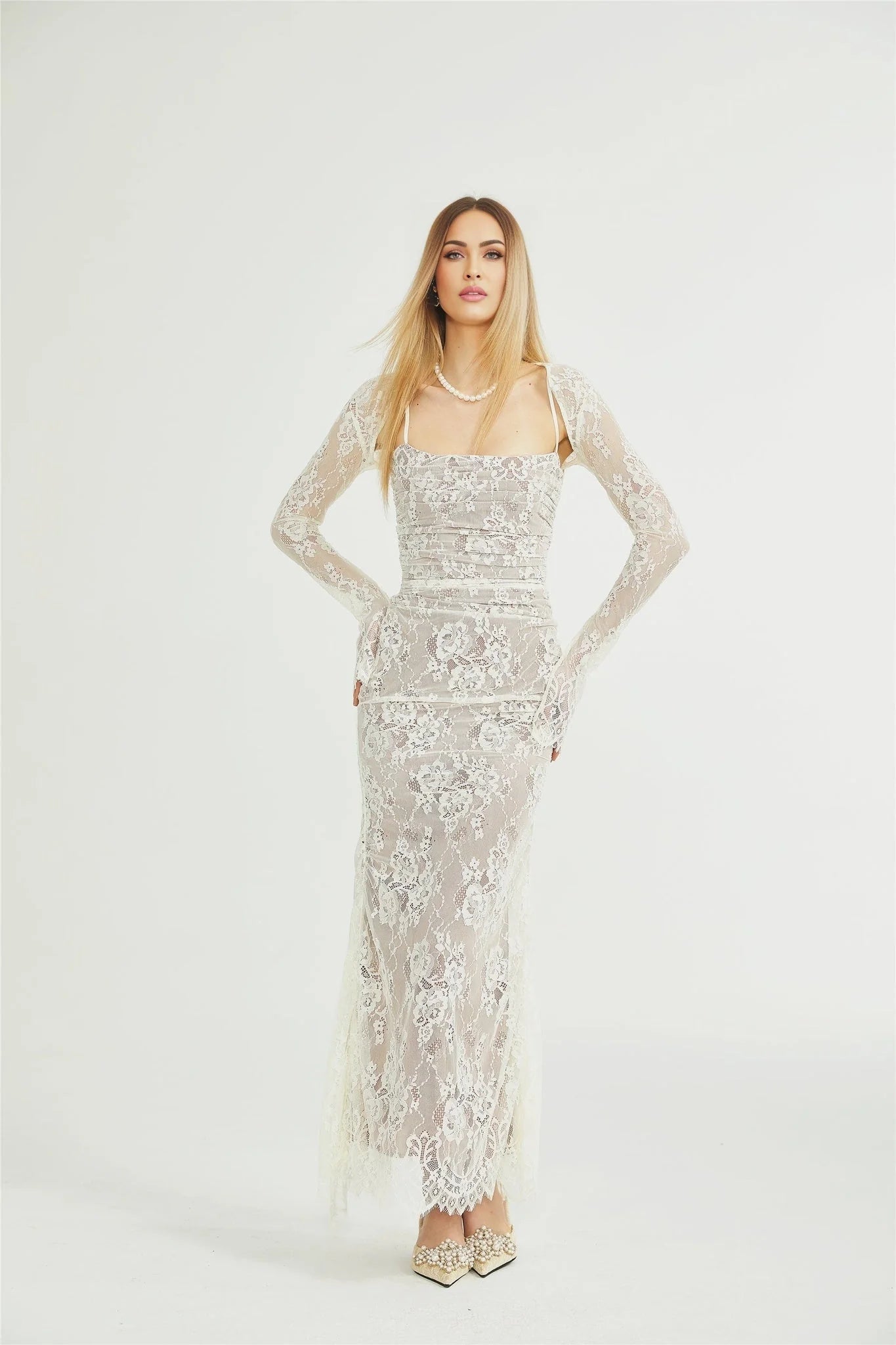 Flaminia Floral Maxi Dress - Delicate Spaghetti Straps - Pleated Detailing - Elegant Mesh Design - Side Zip with Rear Tie Fastening