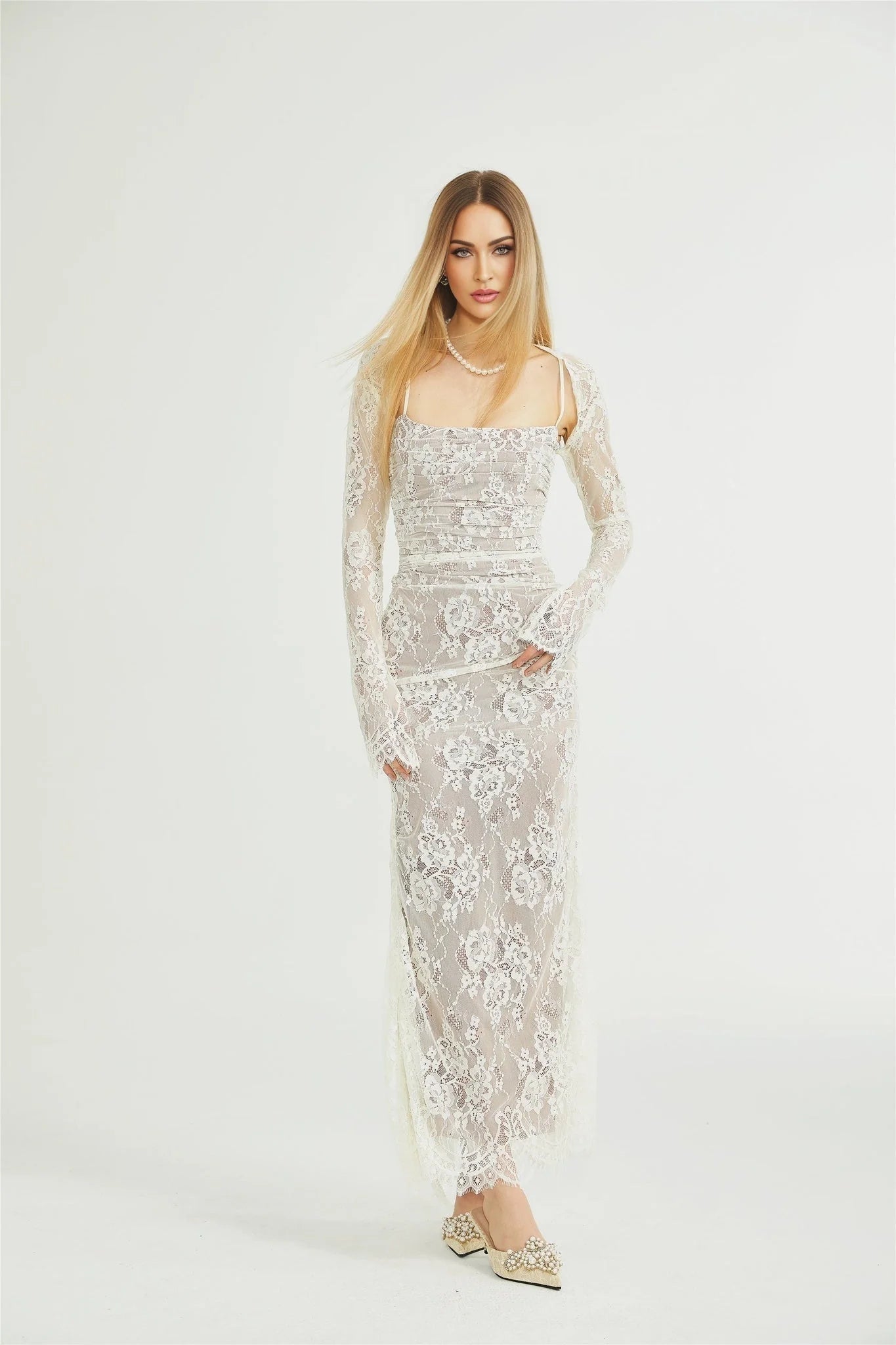 Flaminia Floral Maxi Dress - Delicate Spaghetti Straps - Pleated Detailing - Elegant Mesh Design - Side Zip with Rear Tie Fastening