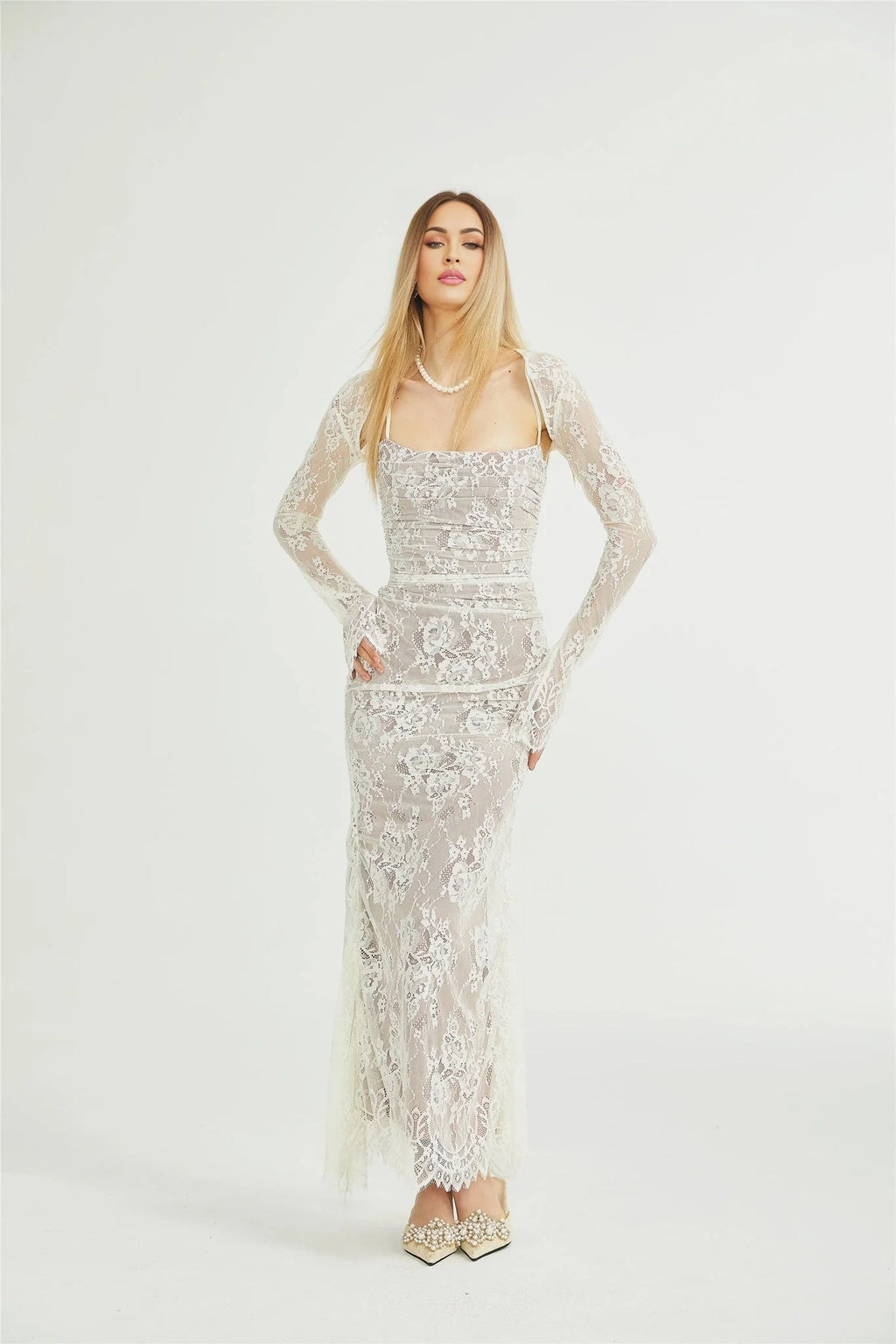 Flaminia Floral Maxi Dress - Delicate Spaghetti Straps - Pleated Detailing - Elegant Mesh Design - Side Zip with Rear Tie Fastening