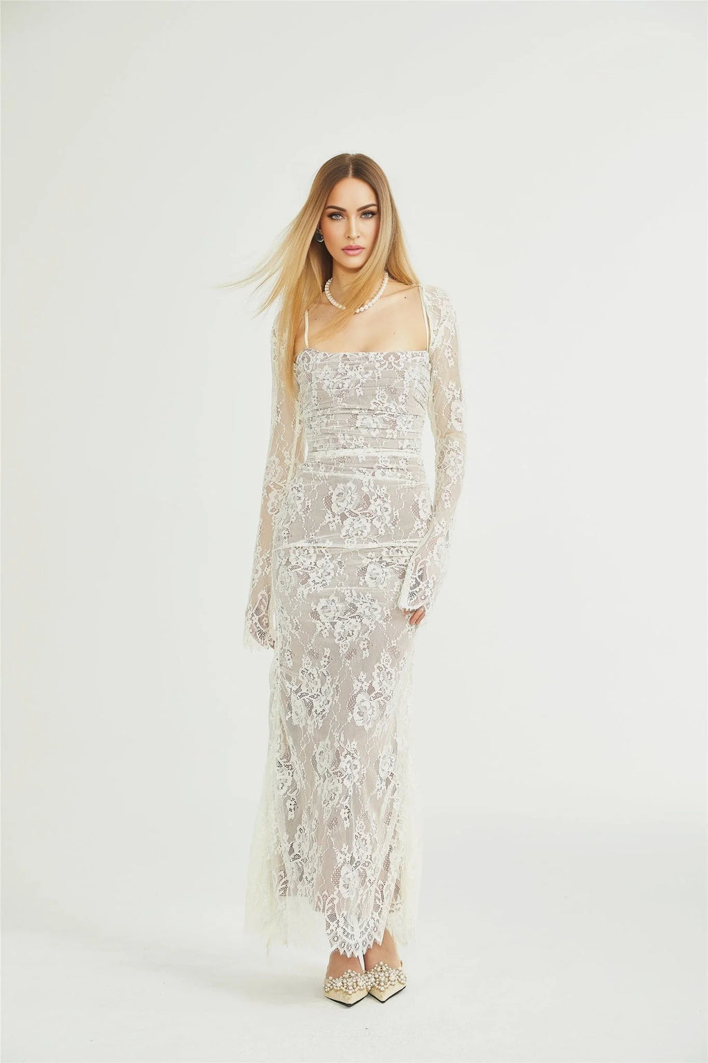 Flaminia Floral Maxi Dress - Delicate Spaghetti Straps - Pleated Detailing - Elegant Mesh Design - Side Zip with Rear Tie Fastening