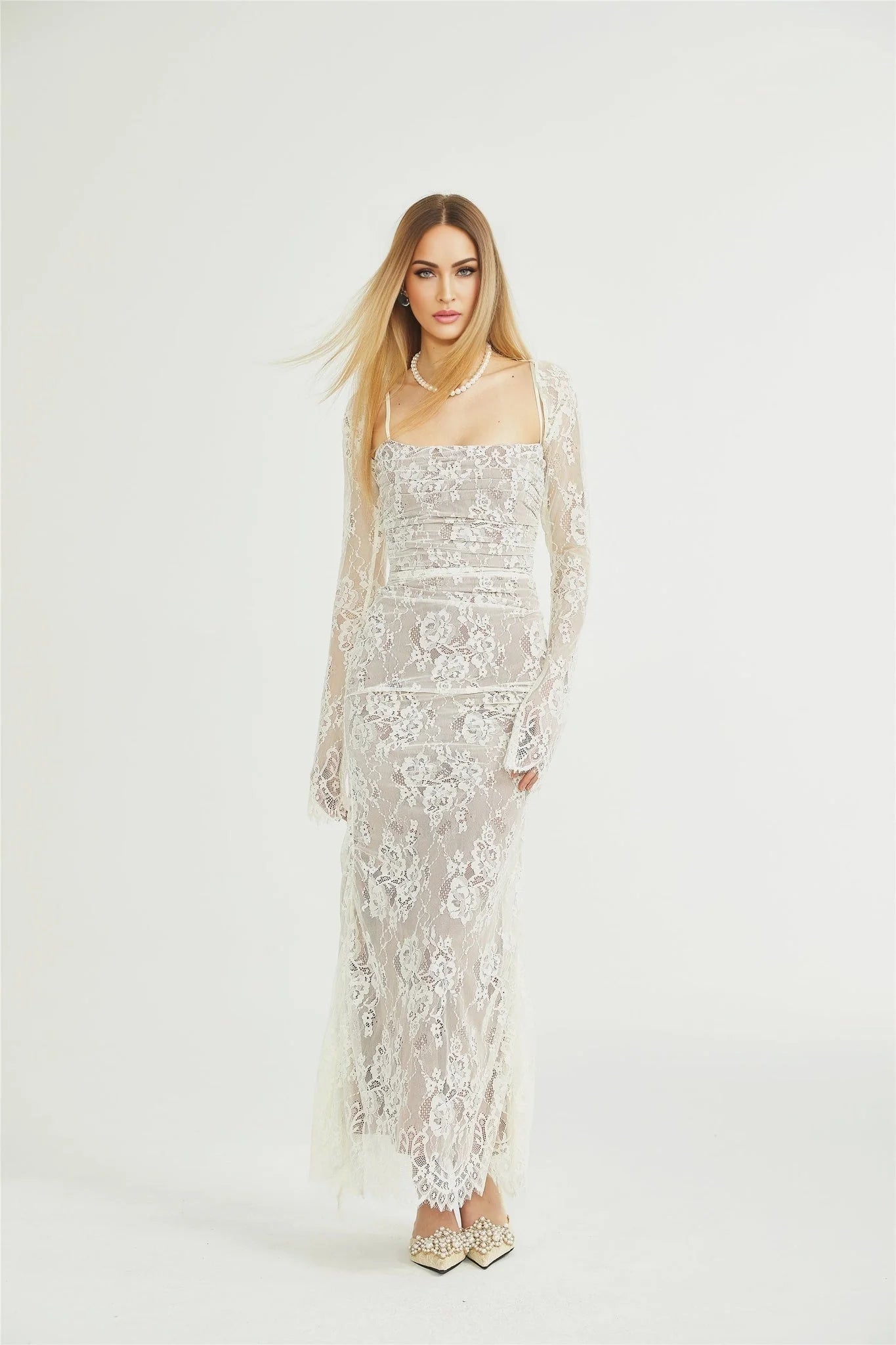 Flaminia Floral Maxi Dress - Delicate Spaghetti Straps - Pleated Detailing - Elegant Mesh Design - Side Zip with Rear Tie Fastening