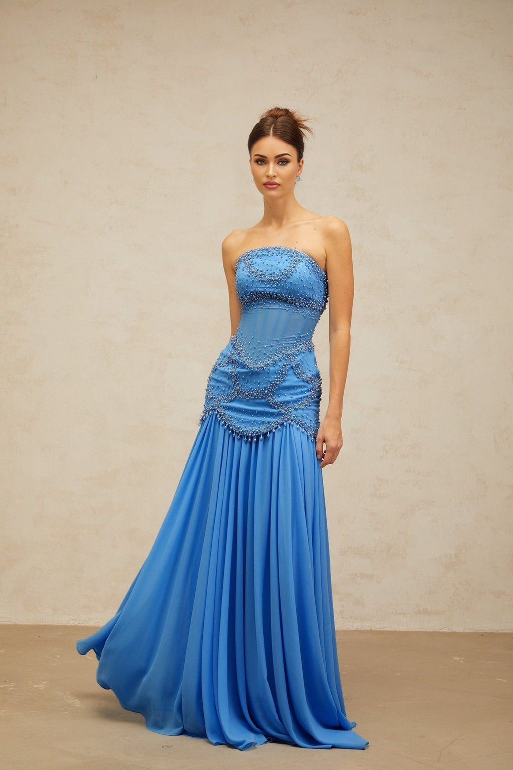 Flaminia Maxi Dress - Sweetheart Neck - Bell Sleeves - Faux - Pearl & Rhinestone Embellishment - Pleated Detailing - Boned Bodice