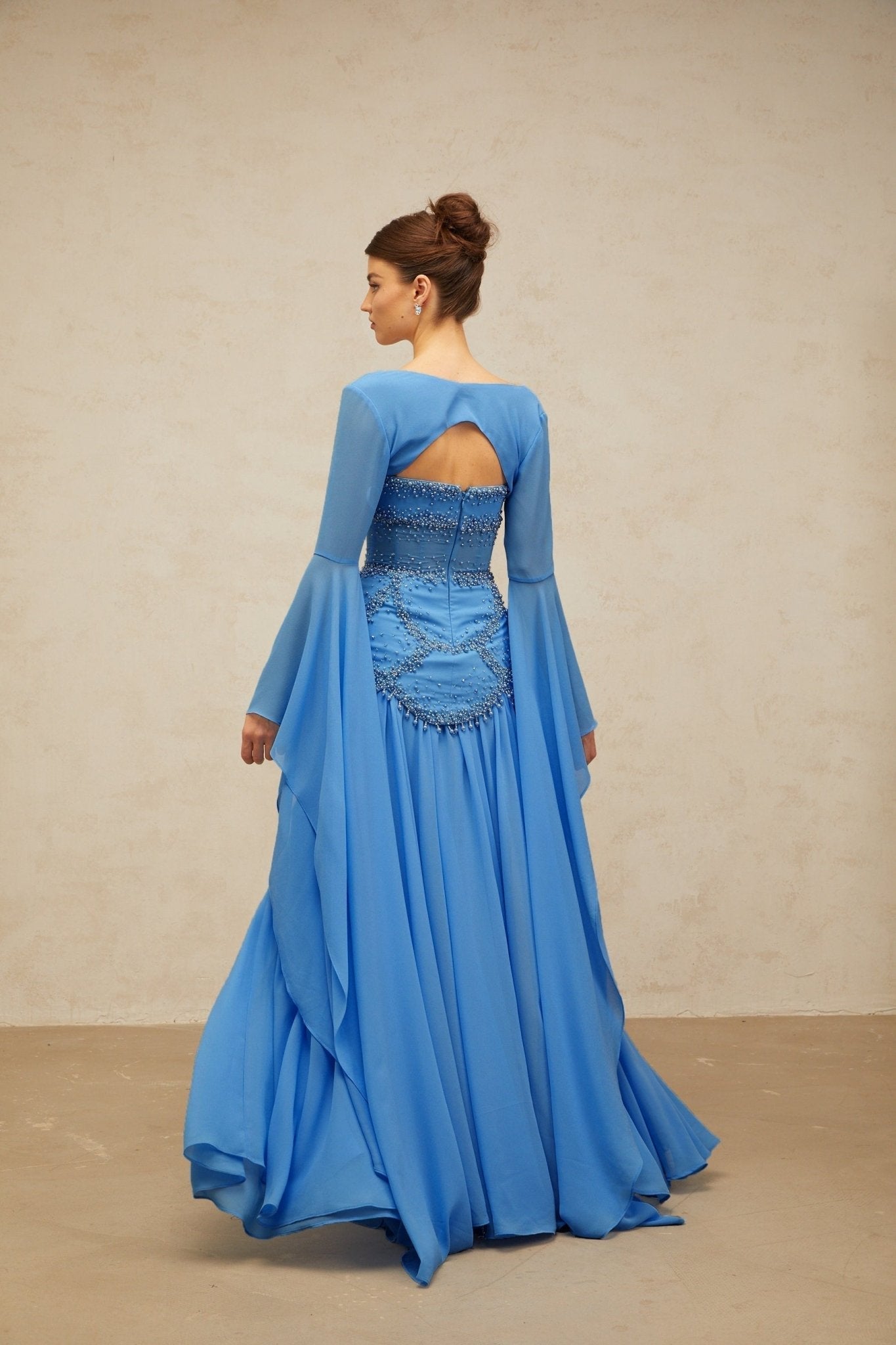 Flaminia Maxi Dress - Sweetheart Neck - Bell Sleeves - Faux - Pearl & Rhinestone Embellishment - Pleated Detailing - Boned Bodice