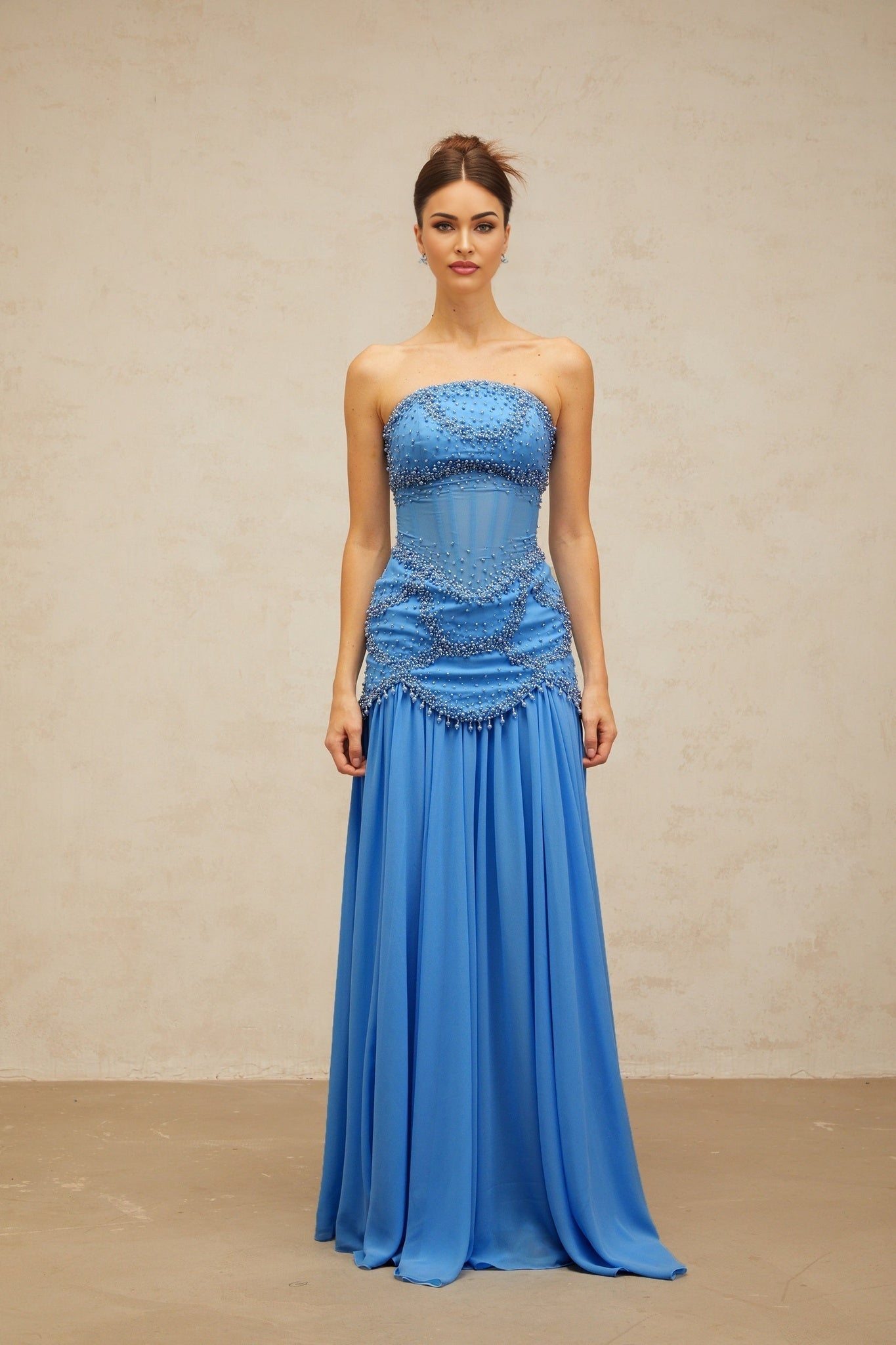Flaminia Maxi Dress - Sweetheart Neck - Bell Sleeves - Faux - Pearl & Rhinestone Embellishment - Pleated Detailing - Boned Bodice
