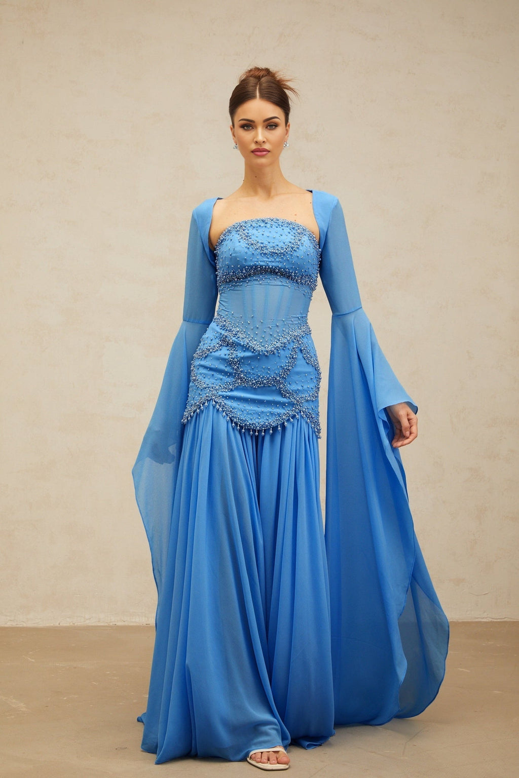 Flaminia Maxi Dress - Sweetheart Neck - Bell Sleeves - Faux - Pearl & Rhinestone Embellishment - Pleated Detailing - Boned Bodice