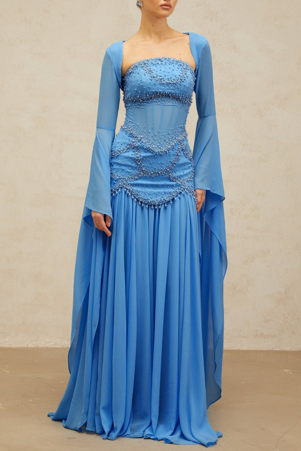 Flaminia Maxi Dress - Sweetheart Neck - Bell Sleeves - Faux - Pearl & Rhinestone Embellishment - Pleated Detailing - Boned Bodice