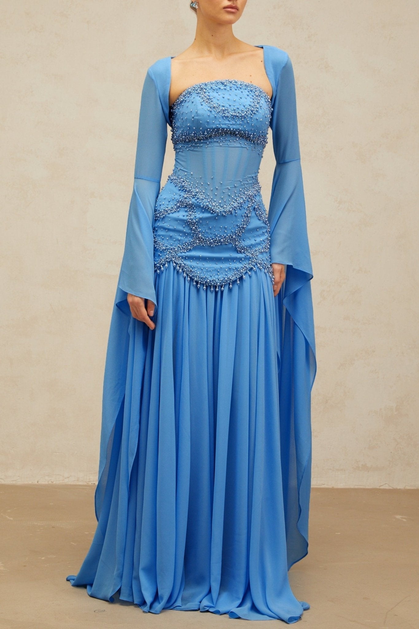 Flaminia Maxi Dress - Sweetheart Neck - Bell Sleeves - Faux - Pearl & Rhinestone Embellishment - Pleated Detailing - Boned Bodice