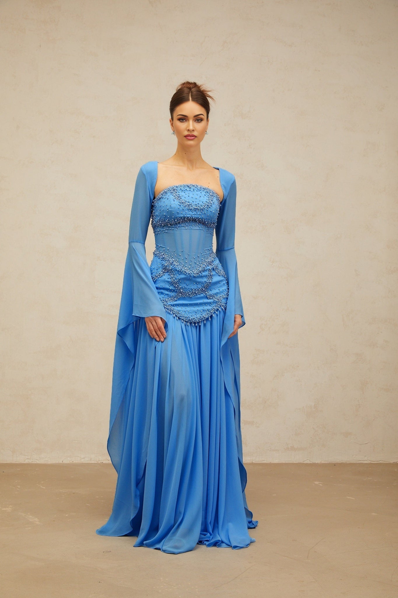 Flaminia Maxi Dress - Sweetheart Neck - Bell Sleeves - Faux - Pearl & Rhinestone Embellishment - Pleated Detailing - Boned Bodice