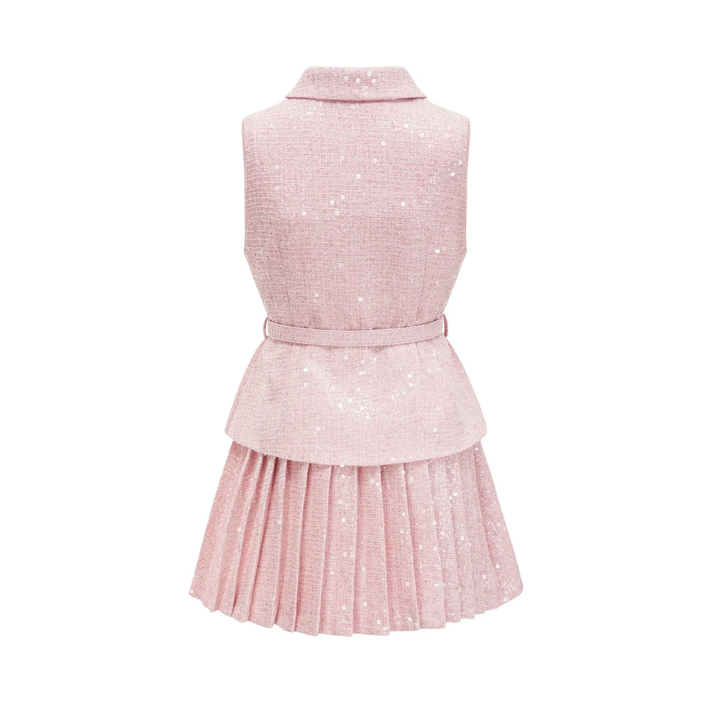 Flaminia Mini Dress - Lapels - Sleeveless - Pleated Design - Sequin Embellishment