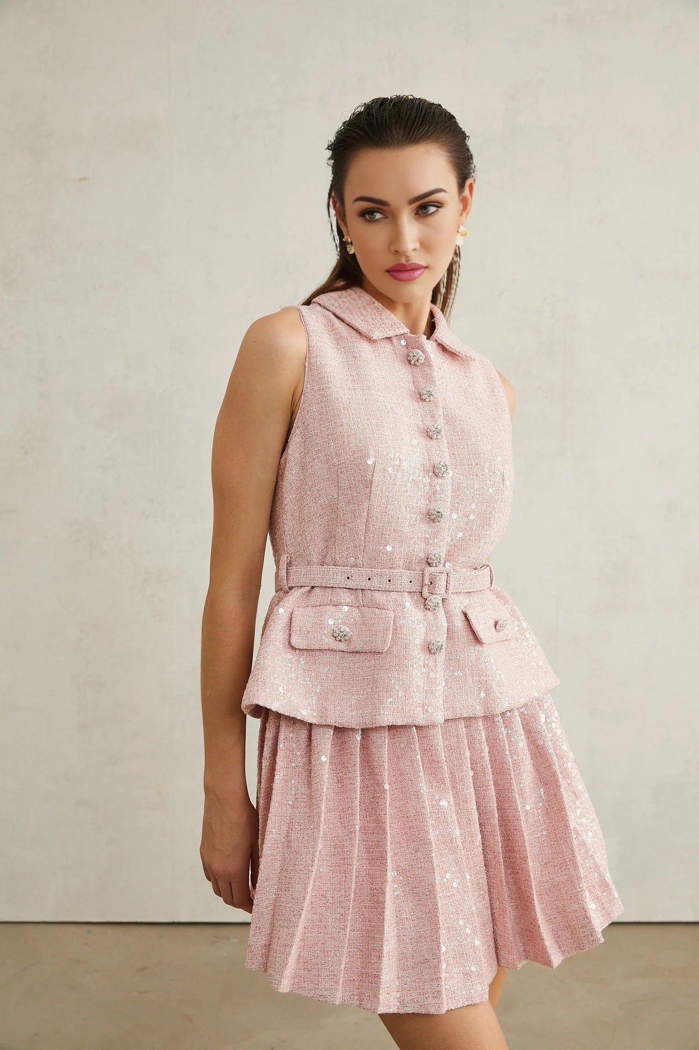 Flaminia Mini Dress - Lapels - Sleeveless - Pleated Design - Sequin Embellishment
