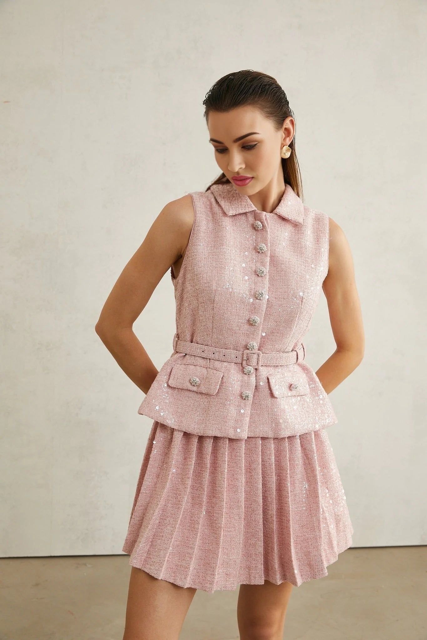 Flaminia Mini Dress - Lapels - Sleeveless - Pleated Design - Sequin Embellishment