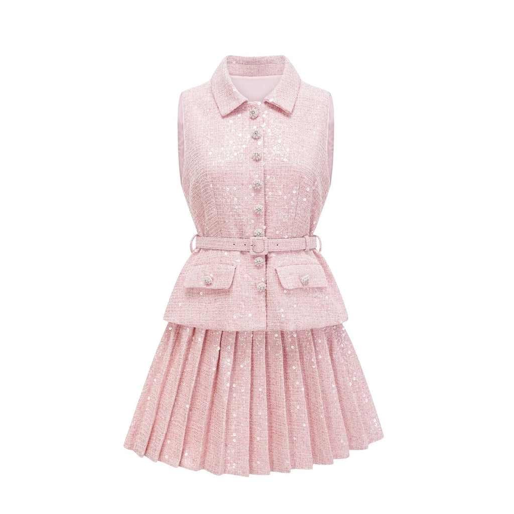 Flaminia Mini Dress - Lapels - Sleeveless - Pleated Design - Sequin Embellishment