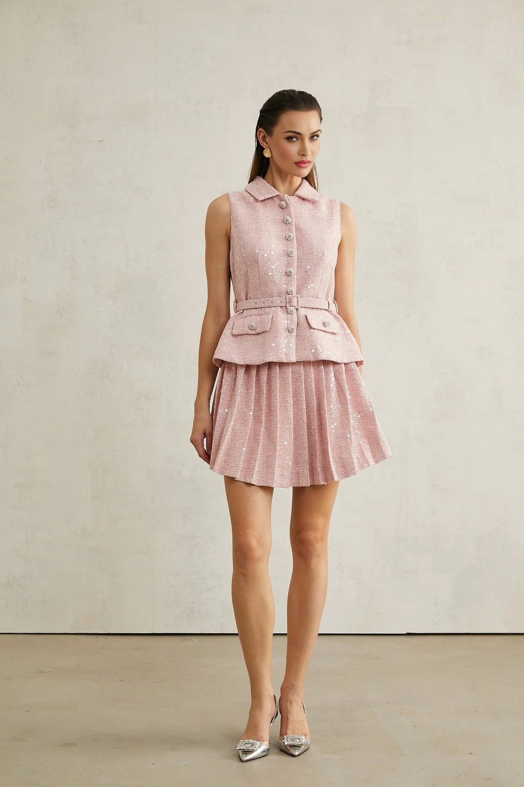 Flaminia Mini Dress - Lapels - Sleeveless - Pleated Design - Sequin Embellishment