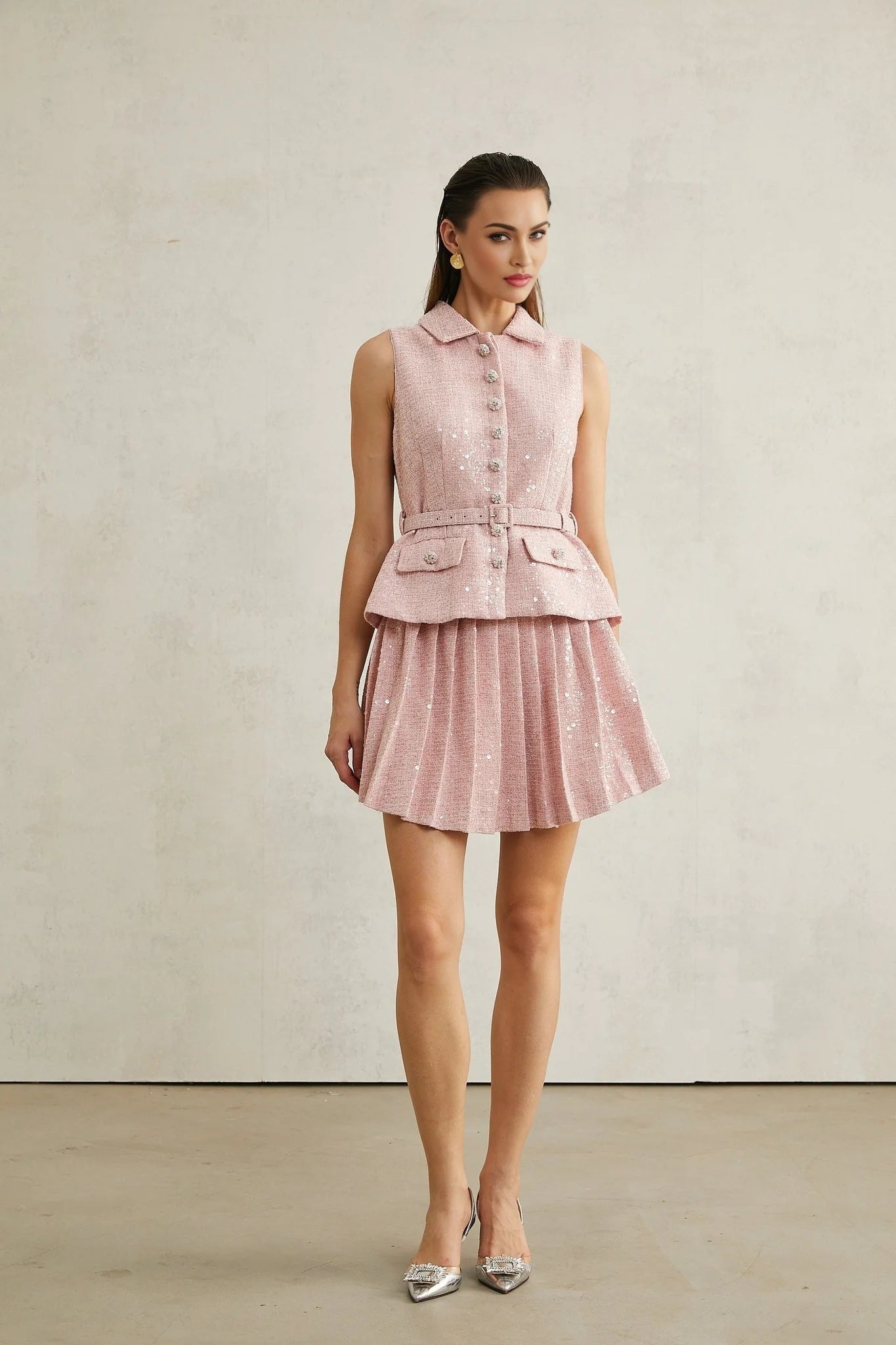 Flaminia Mini Dress - Lapels - Sleeveless - Pleated Design - Sequin Embellishment