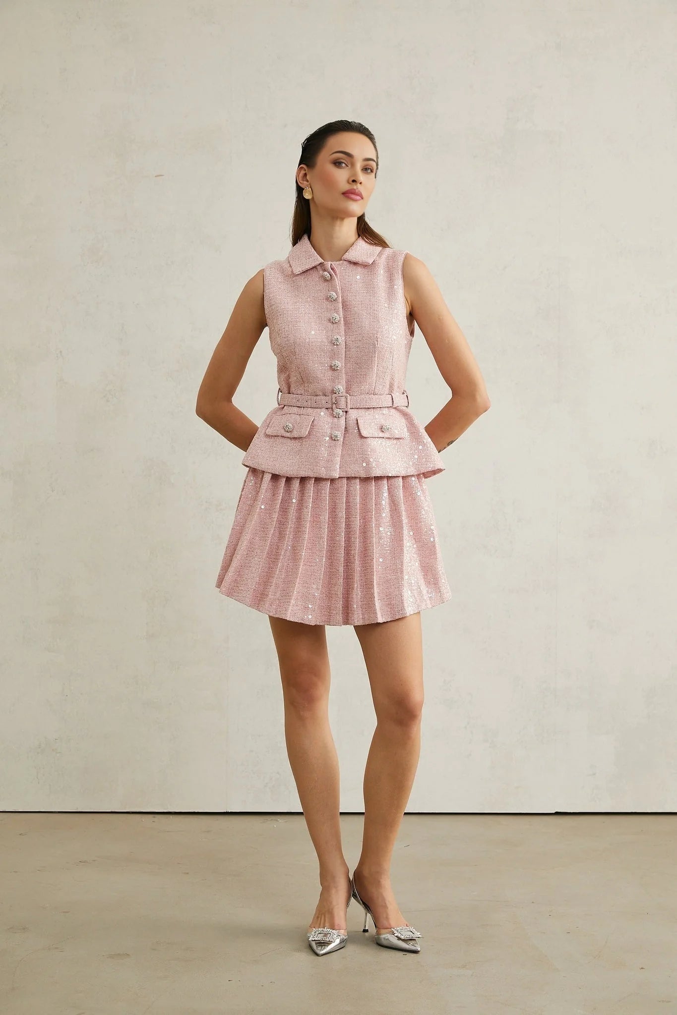 Flaminia Mini Dress - Lapels - Sleeveless - Pleated Design - Sequin Embellishment