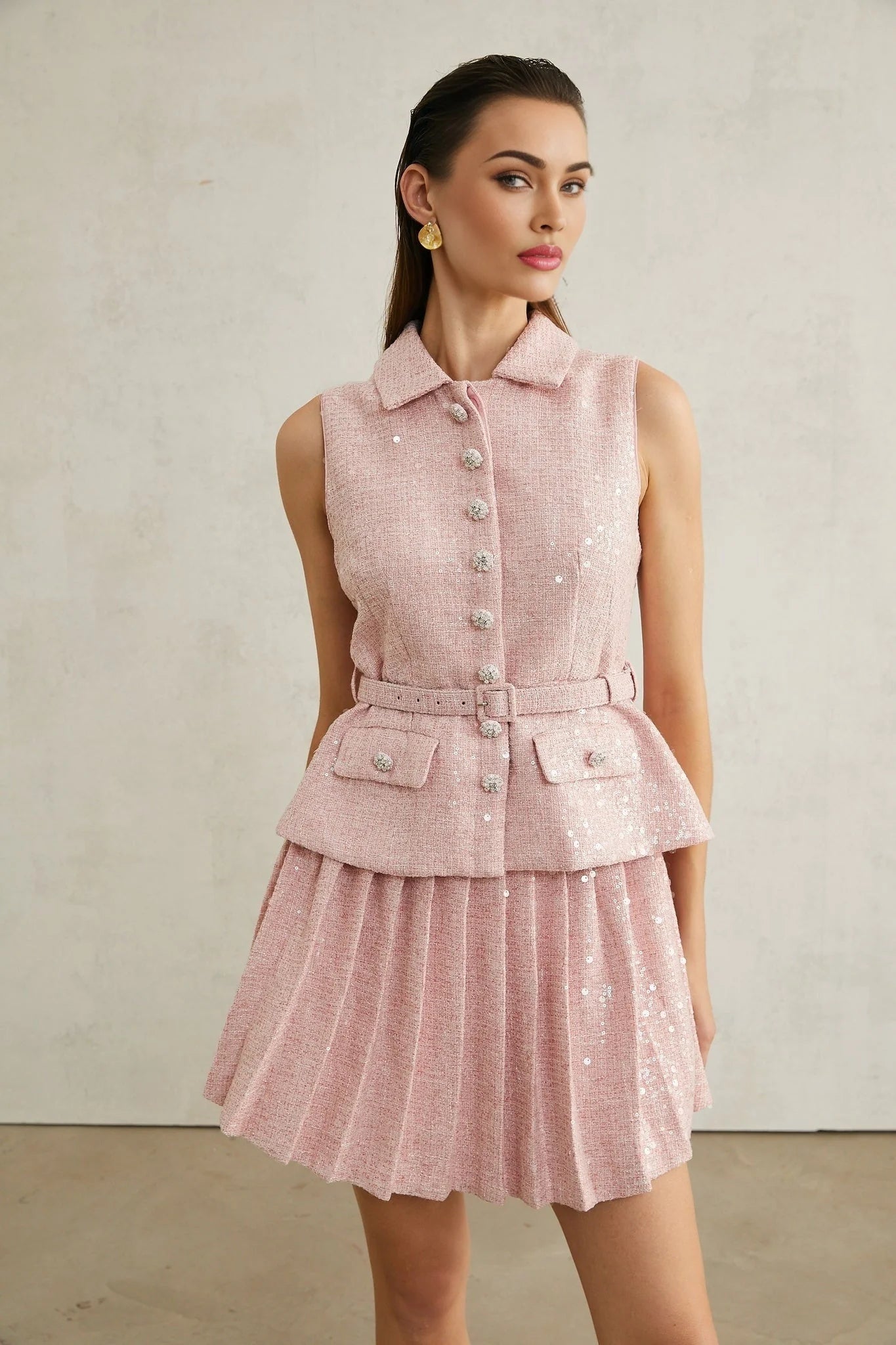 Flaminia Mini Dress - Lapels - Sleeveless - Pleated Design - Sequin Embellishment