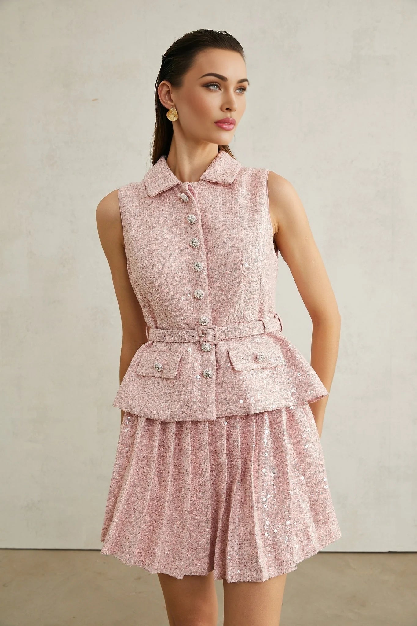 Flaminia Mini Dress - Lapels - Sleeveless - Pleated Design - Sequin Embellishment