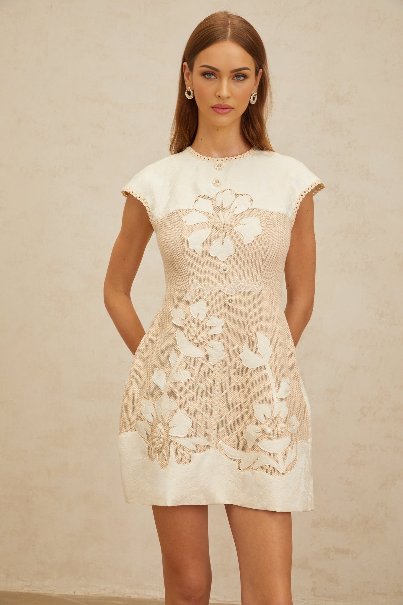 Flaminia Mini Dress - Neutral Tones - Cap Sleeves - Cinched Waist - A - Line Silhouette - Crochet Panelling