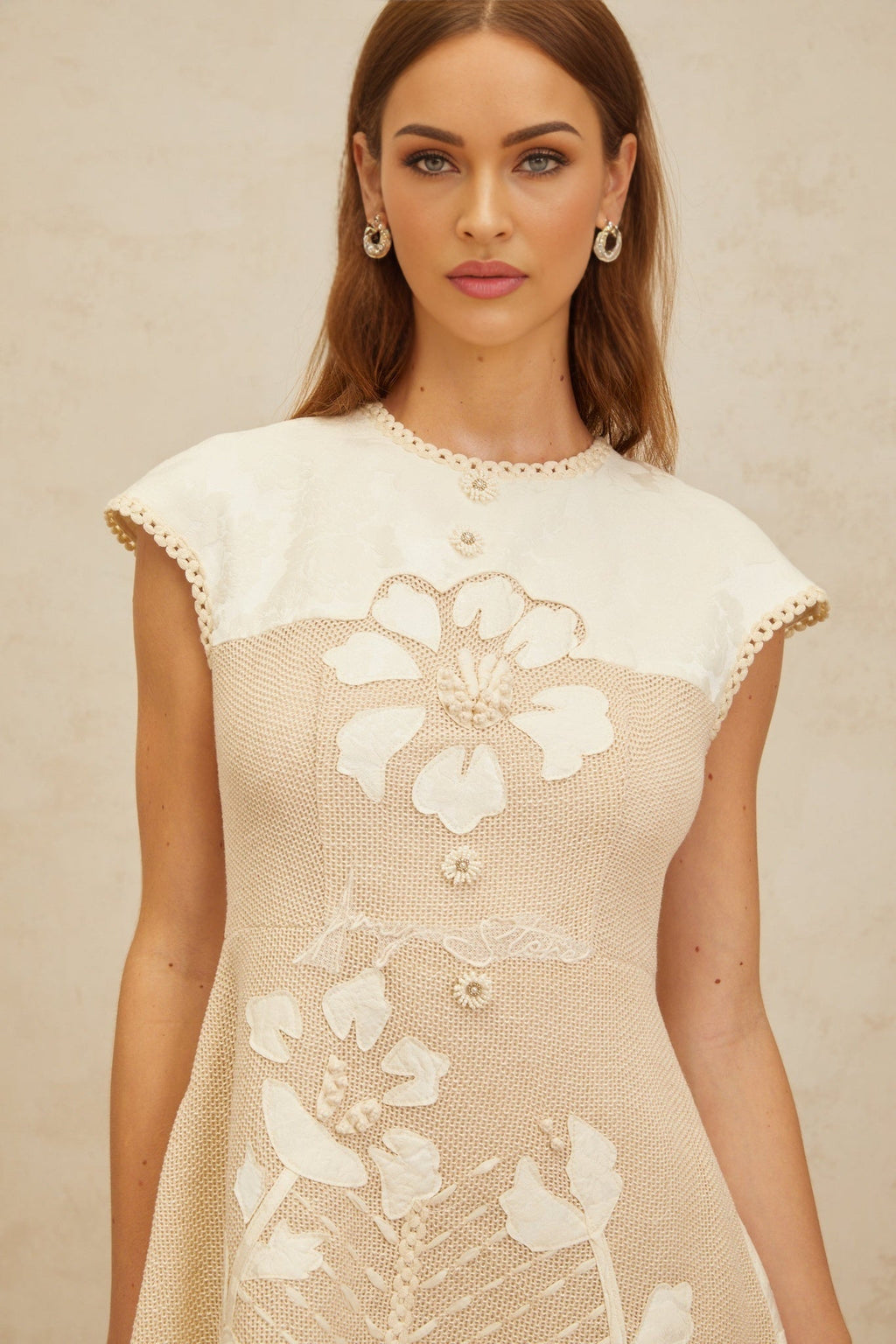 Flaminia Mini Dress - Neutral Tones - Cap Sleeves - Cinched Waist - A - Line Silhouette - Crochet Panelling