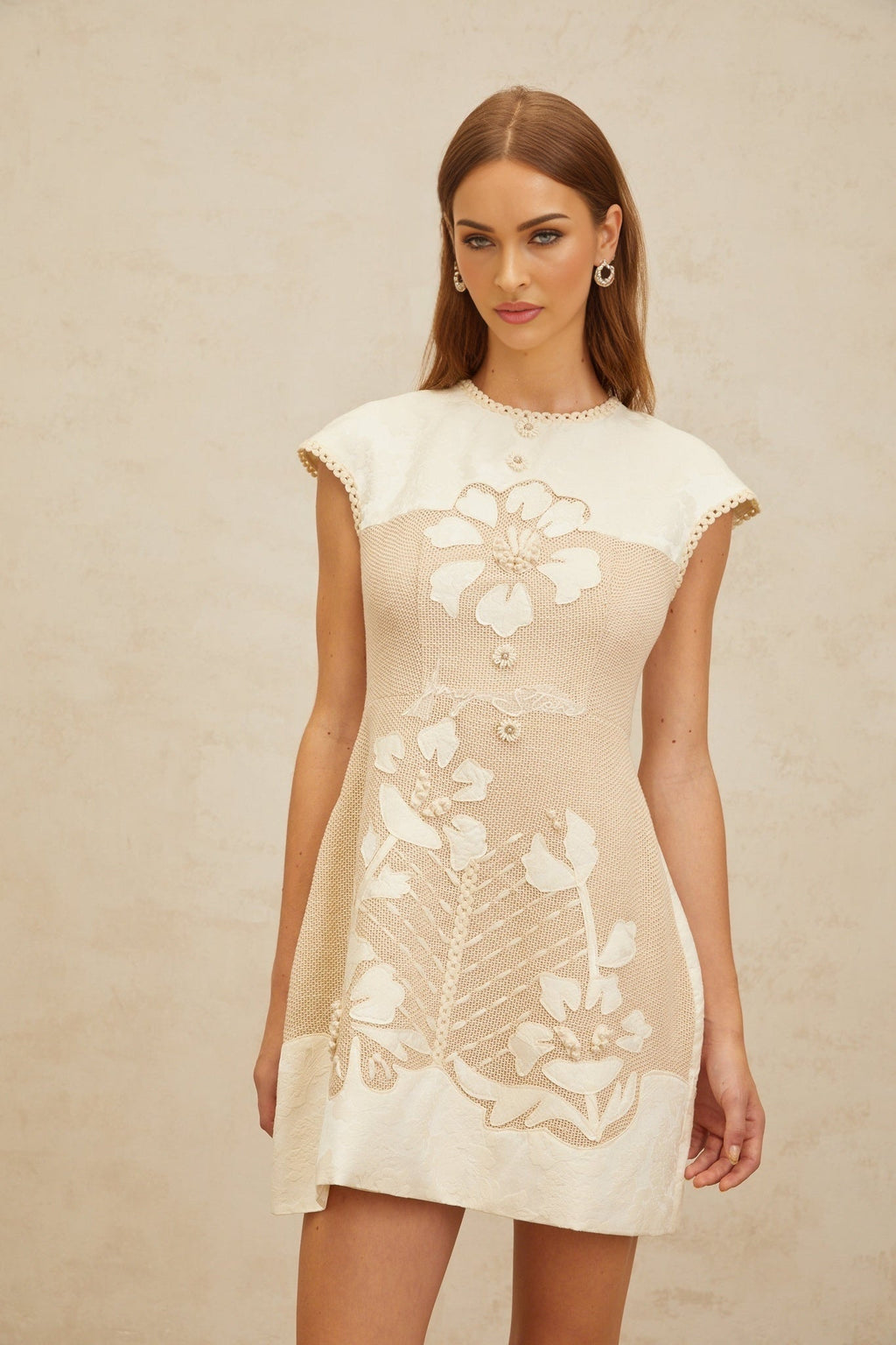 Flaminia Mini Dress - Neutral Tones - Cap Sleeves - Cinched Waist - A - Line Silhouette - Crochet Panelling
