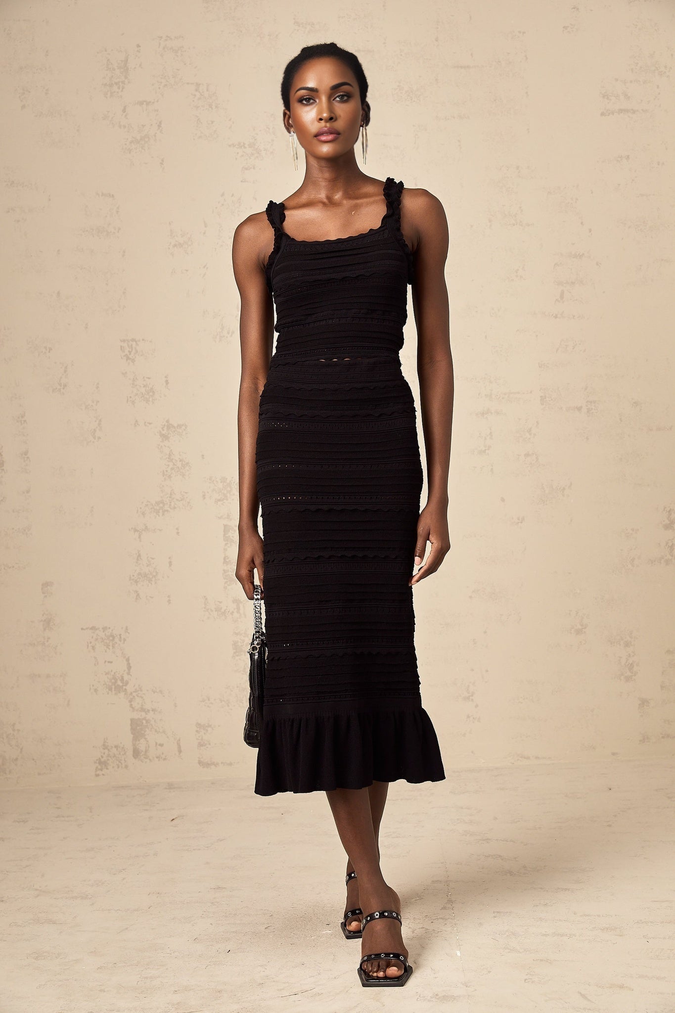 Flaminia Skirt & Top Set - Sleeveless Square Neck Top - Crochet Knit Ruffles - Pleated Midi Skirt