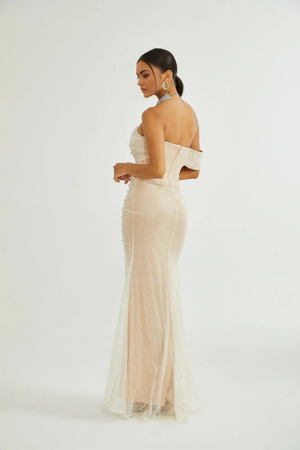 Flavia Maxi Dress - Off the Shoulder - Layered Design - Sequin & Pearl Embellishment - Rear Zip Fastening