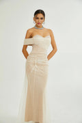 Flavia Maxi Dress - Off the Shoulder - Layered Design - Sequin & Pearl Embellishment - Rear Zip Fastening