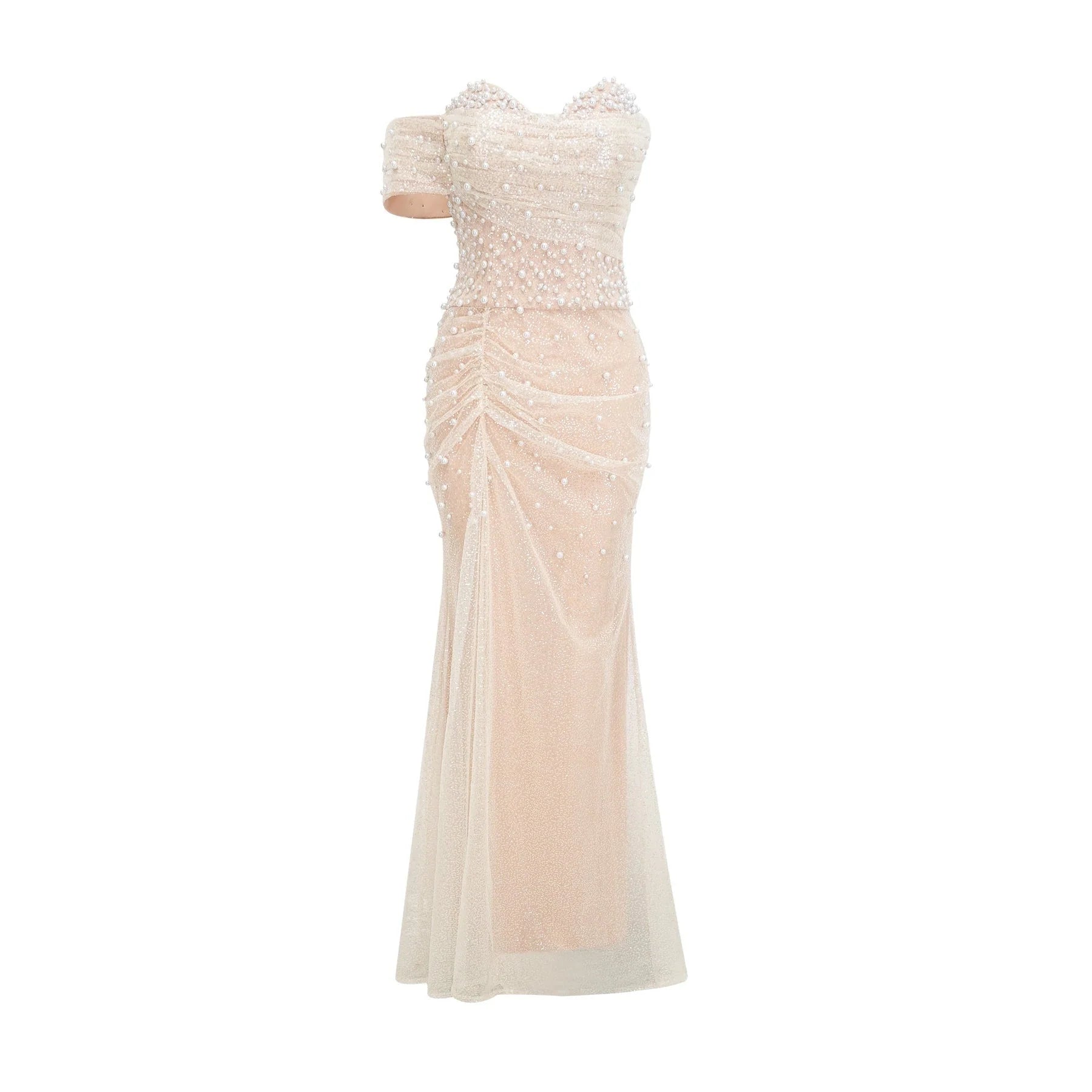 Flavia Maxi Dress - Off the Shoulder - Layered Design - Sequin & Pearl Embellishment - Rear Zip Fastening