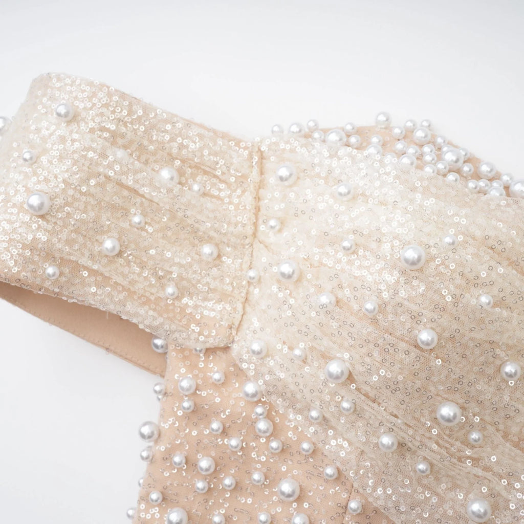 Flavia Maxi Dress - Off the Shoulder - Layered Design - Sequin & Pearl Embellishment - Rear Zip Fastening