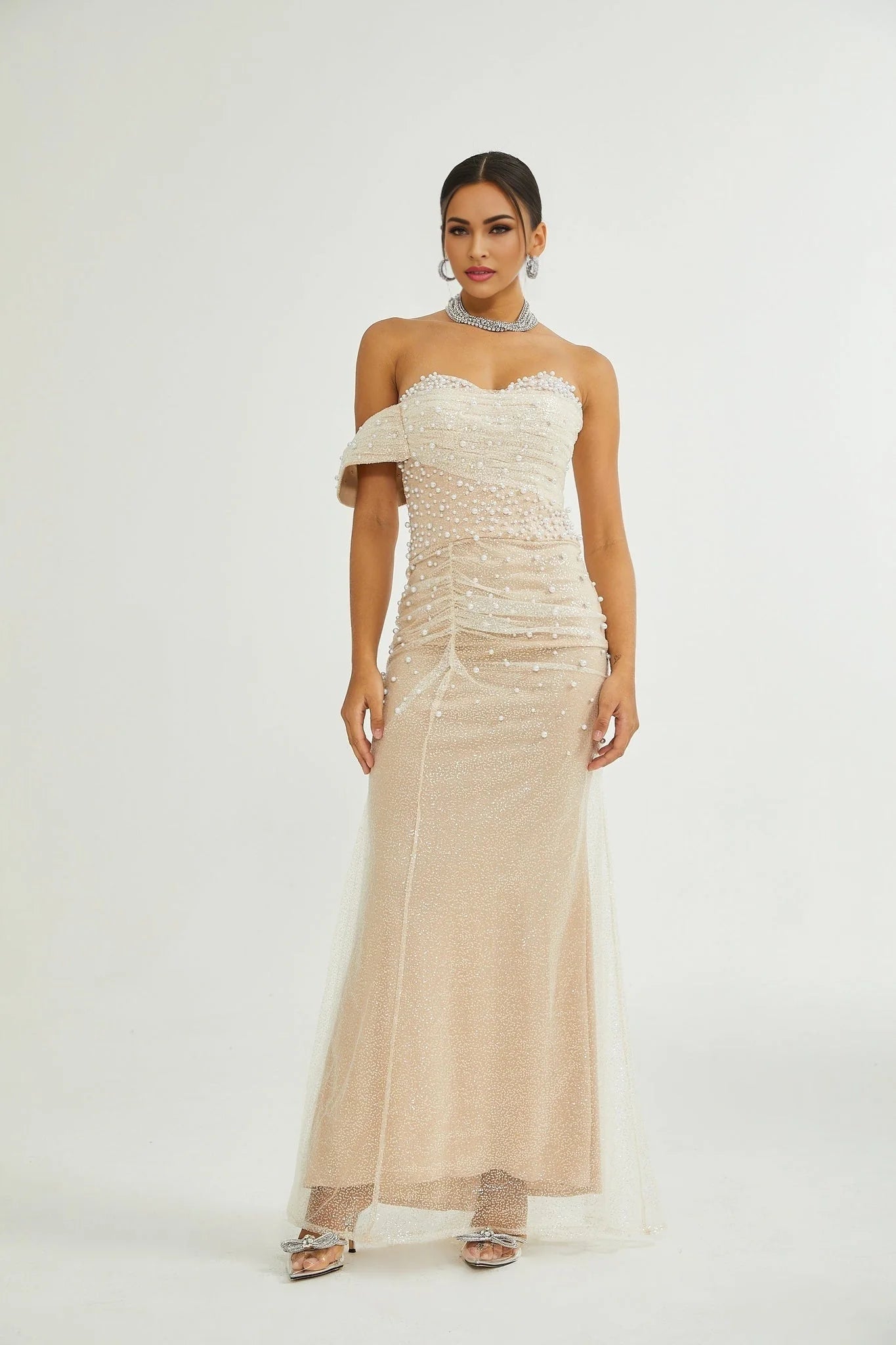 Flavia Maxi Dress - Off the Shoulder - Layered Design - Sequin & Pearl Embellishment - Rear Zip Fastening