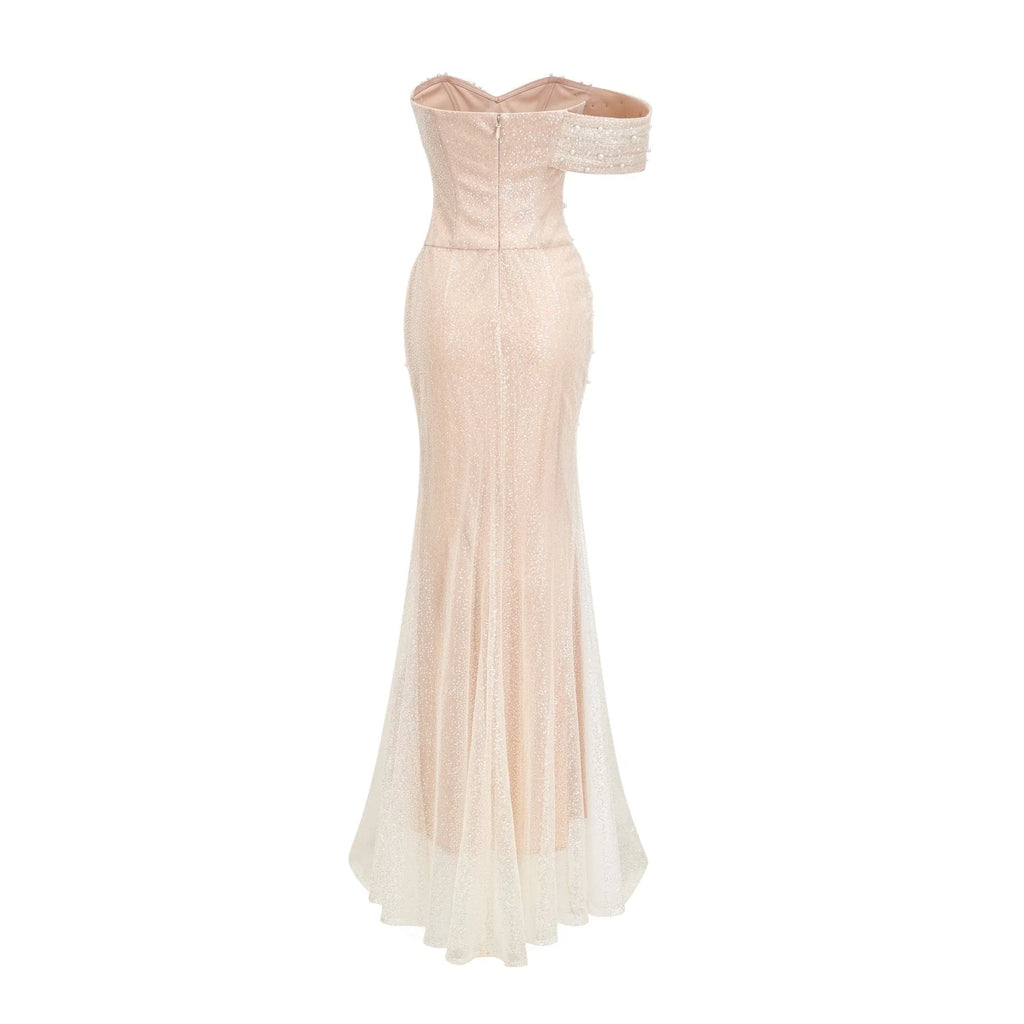 Flavia Maxi Dress - Off the Shoulder - Layered Design - Sequin & Pearl Embellishment - Rear Zip Fastening